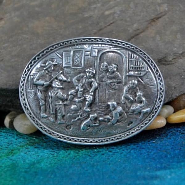 Victorian Tavern Brooch // Repoussé Oval Sterling ~ Renaissance Scene ~ Tableau of Revelers  // Vintage 1900s ~ Hallmarked W