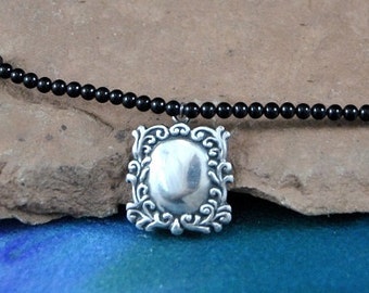 Vintage Foreé Sterling Pendant Necklace, Art Nouveau Black Glass Beads