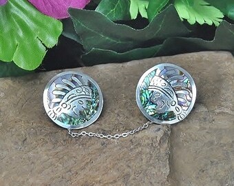 Abalone Inlay Sterling Silver Sweater Guards, Aztec Warrior, 1950s Mexico