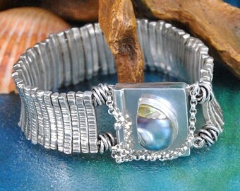 Modernist Sterling Silver Abalone Bracelet, Signed KH