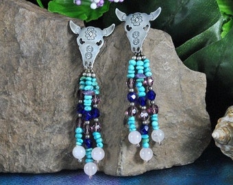 Sterling Silver Cow Skull Earrings, Turquoise Amethyst Bead Dangles, Southwestern Jewelry