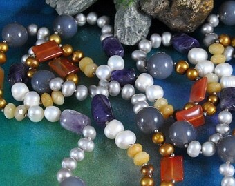 Long Gemstone Bead Necklace, Freshwater Pearl, Amethyst, Carnelian, Quartz, 58"