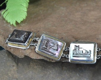 Vintage Abalone Bracelet: Aztec Roman Chariot, 900 Silver, Gold Rope