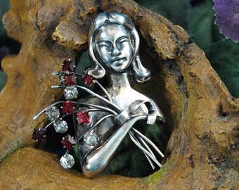 Vintage 1950s Sterling Rhinestone Floral Brooch, Ruby Red and Clear