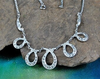 Theda Marcasite Necklace, Sterling Silver Art Deco Drop