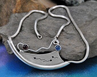 Handmade Sterling Silver Modernist Necklace, Arrow Design with Glass Cabochons