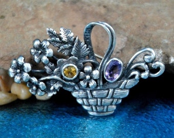 Flower Basket Gemstone Brooch // Cast Sterling ~ Finely Etched Detail ~ Open Back Citrine and Amethyst // Vintage 1940s ~ Hallmarked 925