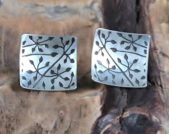 Itay Noy Sterling Silver Earrings, Modernist Etched Leaf Design