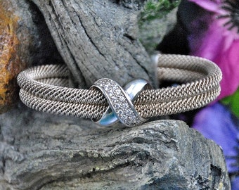 Esposito Zircon Cuff // Sterling Mesh ~ Modernist Ribbon Design Center and Ends // Vintage ~ Designer Signed ~ Hallmarked 925 CZ