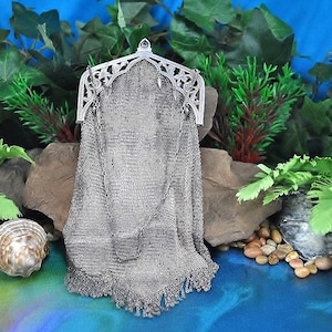May include: A silver mesh purse with a decorative top and fringe. The purse is on a blue background with rocks and greenery.