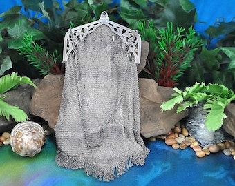 Whiting Davis Mesh Purse // Full Size with Fringe ~ Hand Etched Hinged Floral Frame & Faux Sapphire Clasp // Vintage 1910s ~ Designer Signed