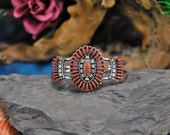 Ed Coyote Needlepoint Cuff Coral Gemstone Clusters Open Sterling Wire Unique Cylinder Curls Vintage Zuni Artisan Signed
