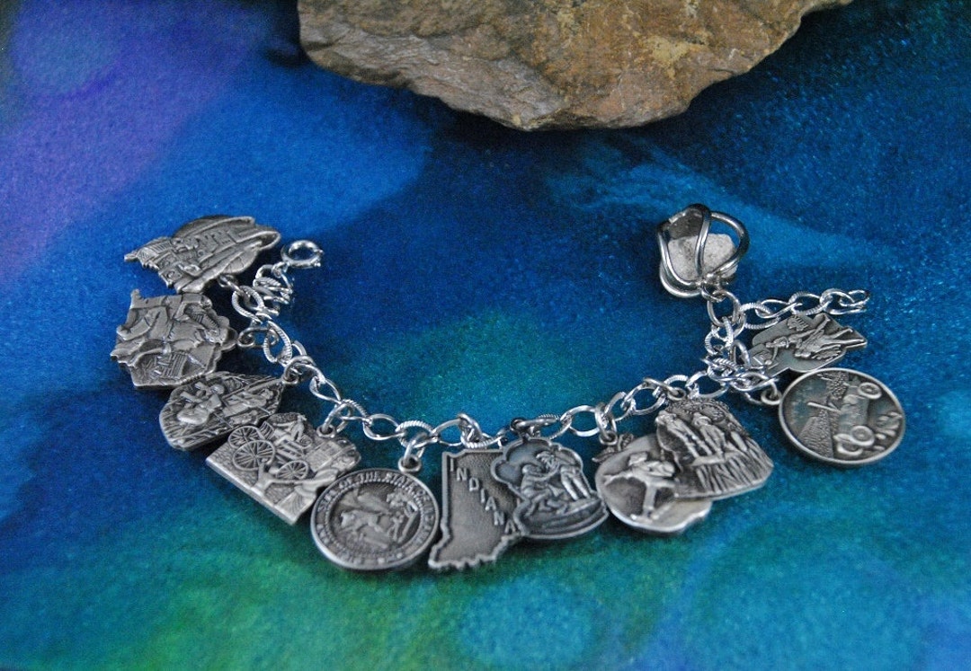 Indiana Charm Bracelet // Sterling Embossed State Historic Scenes rare