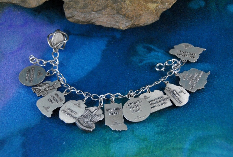 Indiana Charm Bracelet Sterling Embossed State Historic Scenes ~Rare Americana Collectable Vintage 1960s ~Heritage Signed /& Hallmarked