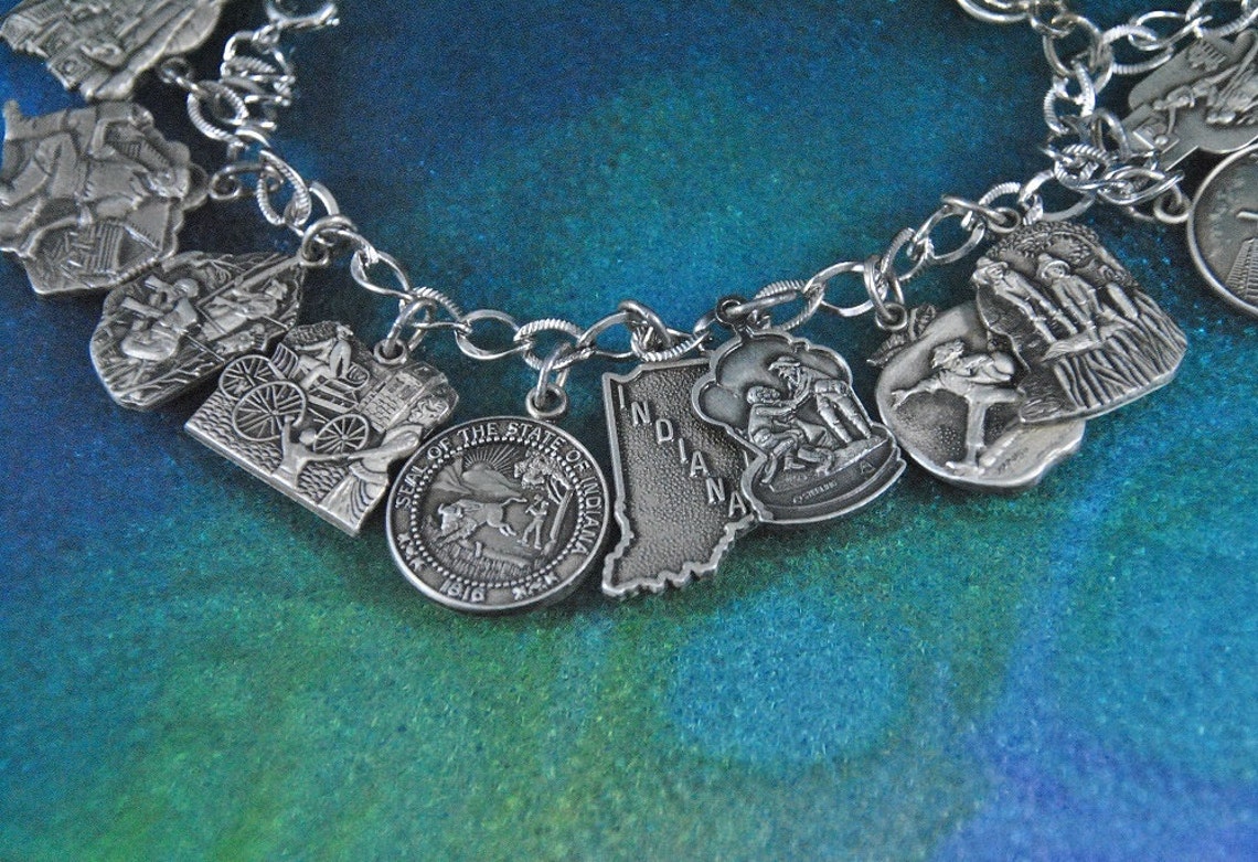 Indiana Charm Bracelet // Sterling Embossed State Historic Scenes rare