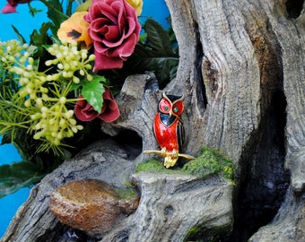 Boucher Enamel Owl Brooch // Red and Black on Goldtone // Vintage Designer Signed Figural Pin