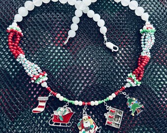 Christmas Handmade Charm Necklace ~ Sterling Enamel Designs ~ Danecraft Fireplace ~ Stockings ~ Sleigh ~ Santa on Chimney ~ Christmas Tree
