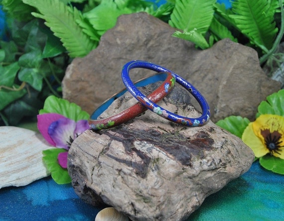Chinese Cloisonné Bangles // Two Genuine Hand Painted on Copper Kiln Fired Bracelets // Vintage Masterpieces