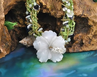 Jadeite Hibiscus Statement Necklace, Peridot Art Glass, Vintage Choker