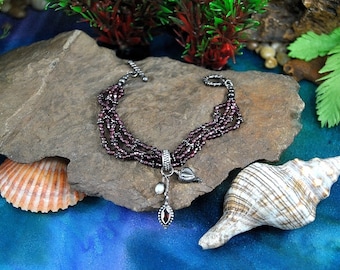 Vintage Garnet Bead Bracelet, Sterling Silver Clasp & Charms, India 925