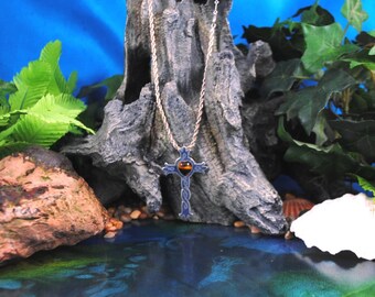 Vintage Mexican Sterling Silver Cross Pendant, Tiger's Eye Heart, Sodalite Inlay