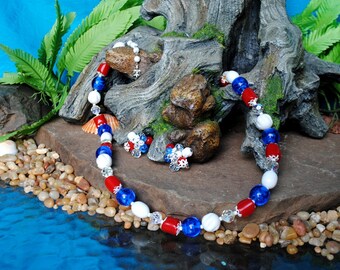 Vintage Vendome Necklace and Clip Earrings, Red White Blue Beaded Parure