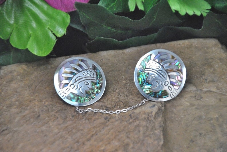 Abalone Inlay Sweater Guards Rare Aztec Warrior Design in Sterling ~ Purple and Green Shell Mosaic Vintage 1950s ~ Mexico JH Eagle 3