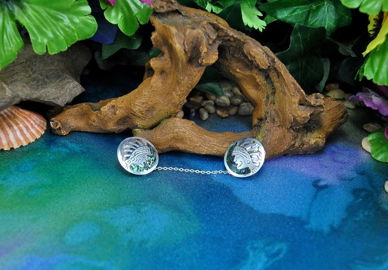 Abalone Inlay Sweater Guards Rare Aztec Warrior Design in Sterling ~ Purple and Green Shell Mosaic Vintage 1950s ~ Mexico JH Eagle 3