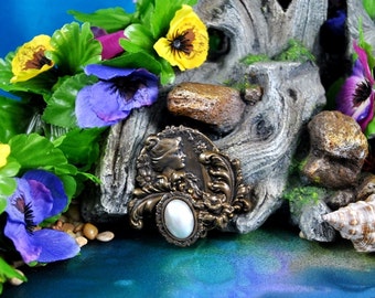 Vintage Bronze Gibson Girl Brooch, Art Nouveau Faux Pearl Pin