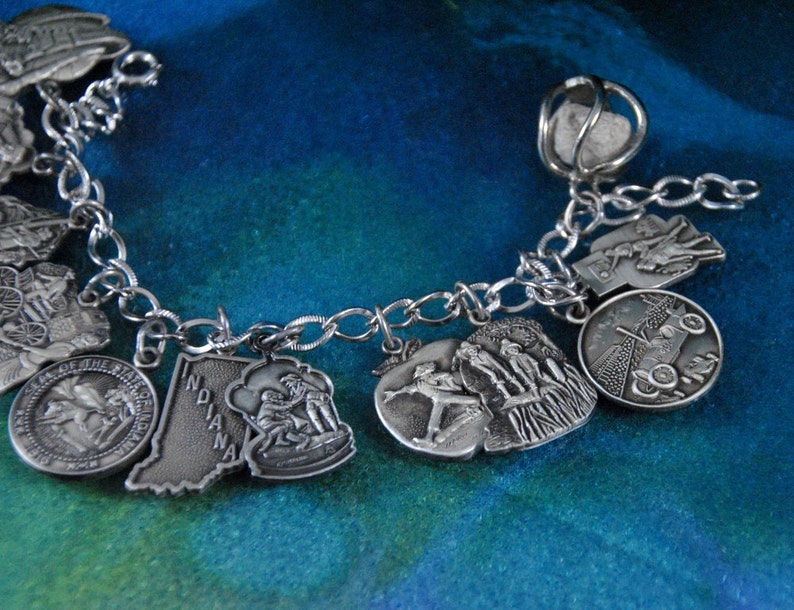 Indiana Charm Bracelet Sterling Embossed State Historic Scenes ~Rare Americana Collectable Vintage 1960s ~Heritage Signed /& Hallmarked