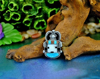Vintage Zuni Kachina Mask Brooch, Sterling Silver, Turquoise Coral Onyx Inlay