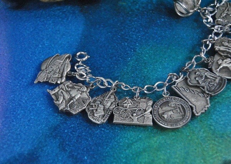 Indiana Charm Bracelet Sterling Embossed State Historic Scenes ~Rare Americana Collectable Vintage 1960s ~Heritage Signed /& Hallmarked