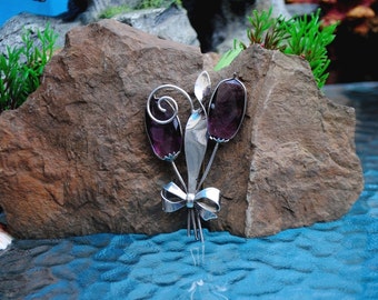 Art Deco Flower Brooch // Purple Faceted Glass Petals with Sterling Stems and Bow // Vintage 1940s ~ Work of Art