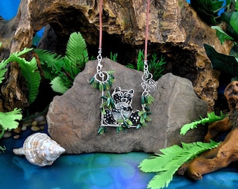 Artisan Sterling Wire Panda Necklace, Green Bead Eucalyptus, Signed WBJ