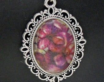 Purple and Pink Flowers Under an Oval Cabochon Silver Pendant on a 20" Silver Chain Necklace