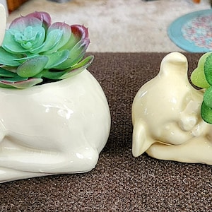 May include: Two cream-colored ceramic planters shaped like resting animals, a rabbit and a dog, each holding a faux succulent. The rabbit planter has long ears and the dog planter has a curled tail. The succulents are green and purple.