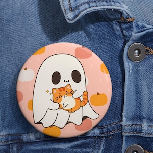 Cute Ghost and Cat Pin Button, Custom Pinback Badge, Halloween Accessory, Gift for Cat Lovers, Fun Jacket Badges