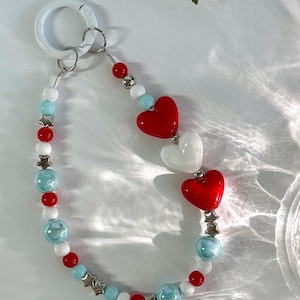 Red White Heart Phone Charm – Korean Aesthetic Beaded Strap with Stars | Handmade Bag Charm Gift for Her, Teens, Valentine or Soft Girl