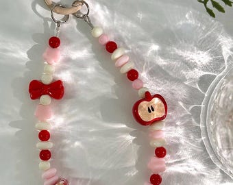 Charm para teléfono de manzana roja: Charm para bolso de cuentas kawaii con lazo