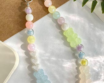 Accesorio para teléfono con forma de osito de goma: accesorio para bolso con cuentas de estilo pastel kawaii