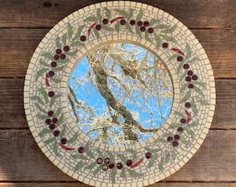 Glass Tile Mosaic Mirror - Round - Olive Branch Pattern - free shipping
