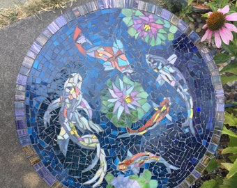 Custom designed mosaic table top - Round - hand cut stained glass - free shipping