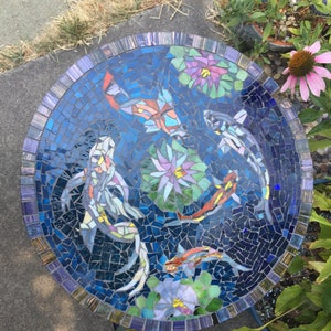 Custom designed mosaic table top - Round - hand cut stained glass