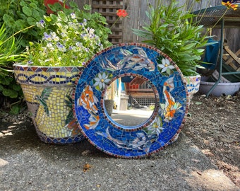 Koi Pond Mosaic Mirror - Round - hand cut stained glass - free shipping