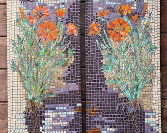 Free shipping! TWO Mosaic panels with California Poppies and Butterflies