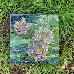Pink Water Lily Stained Glass Mosaic Tile Garden Stepping Stone
