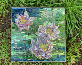 Pink Water Lily Stained Glass Mosaic Tile Garden Stepping Stone