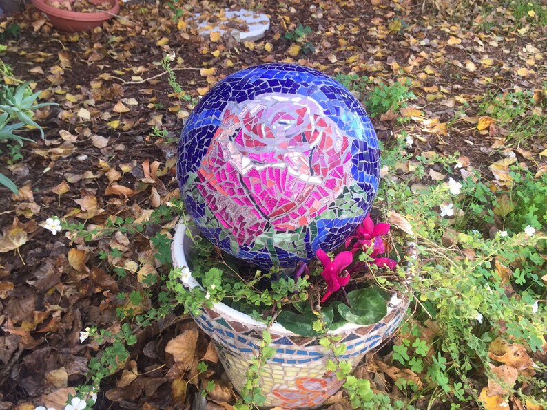 Mosaic garden gazing ball pink rose stained glass Etsy