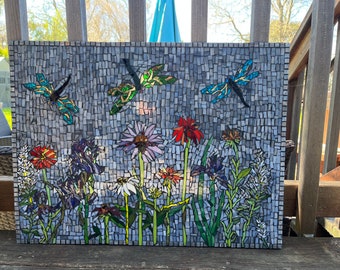 On sale! Mosaic Panel - Butterfly Garden - 24" by 18" - stained glass - glass tile - mosaic kitchen or bathroom