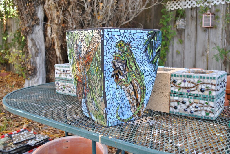FREE SHIPPING Stained Glass & Tile Mosaic Garden Container Etsy